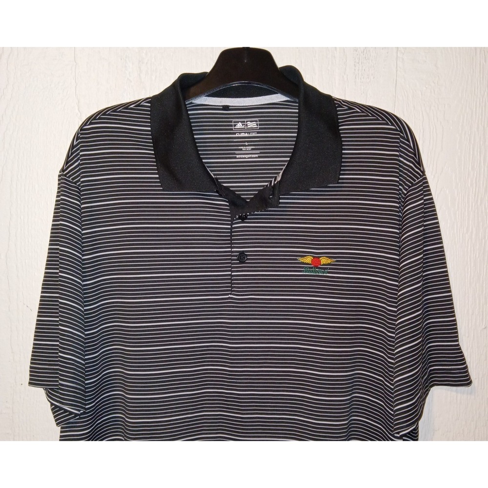 Adidas Golf Polo Shirt Mens L Black White Striped Climalite Baltusrol Logo